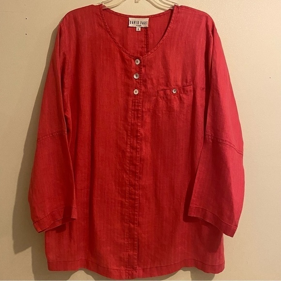 David Dart Linen Pink Button Front Tunic Top Size 1X Pocket Slit Sides - Picture 1 of 11
